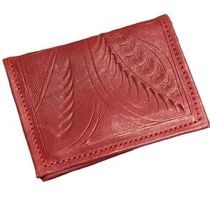 Handmade Red Tooled Leather Wallet Credit Card Holder